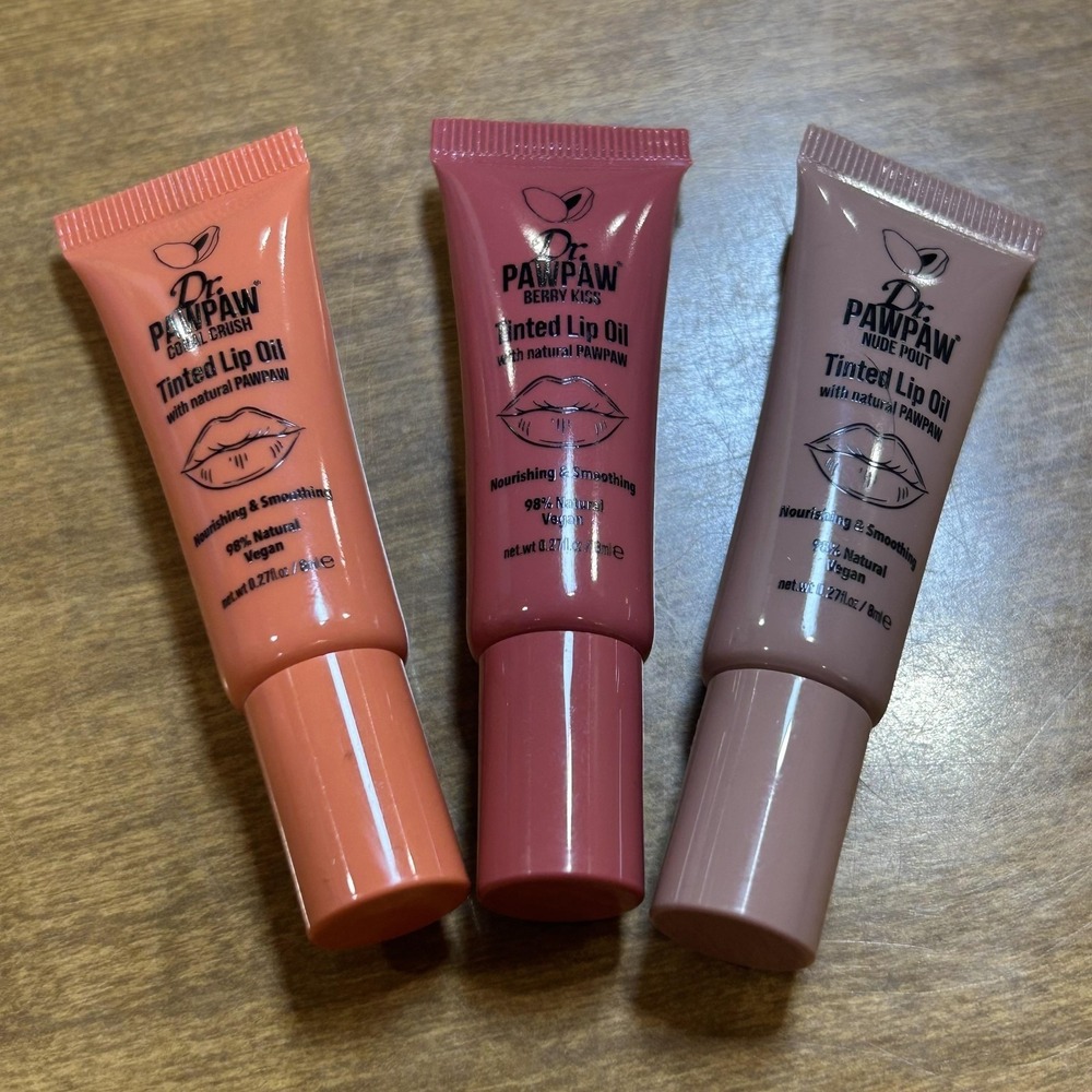 Dr. PAWPAW Tinted Lip Oil Coral Crush Berry Kiss Nude Pout 3 X 0.2oz 3Pc Vegan